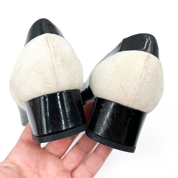 Gucci Patent Leather Pumps Black White Suede Bamboo Horsebit Low Heel Sz 37 / 7 - Picture 6 of 10